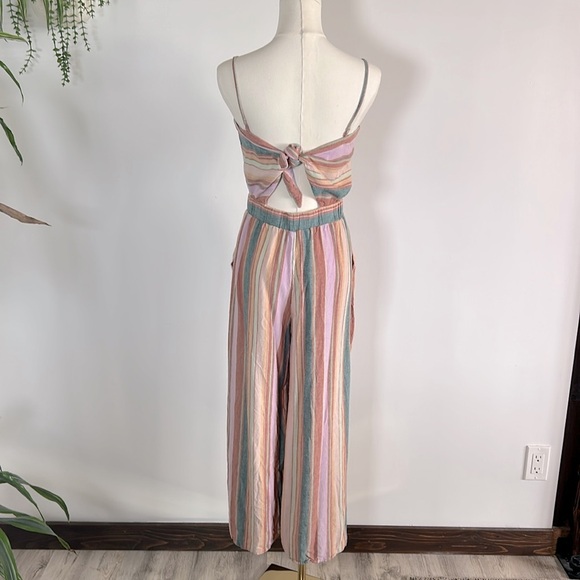American Eagle Boho Chic Linen Blend Colorful Striped Wide Leg Cropped Jumpsuit - Picture 2 of 9